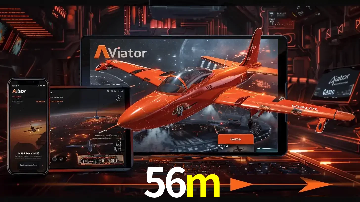 Apresentação tecnológica do jogo Aviator com um avião saindo da tela de um tablet, demonstrando a experiência imersiva em múltiplos dispositivos no 56m.