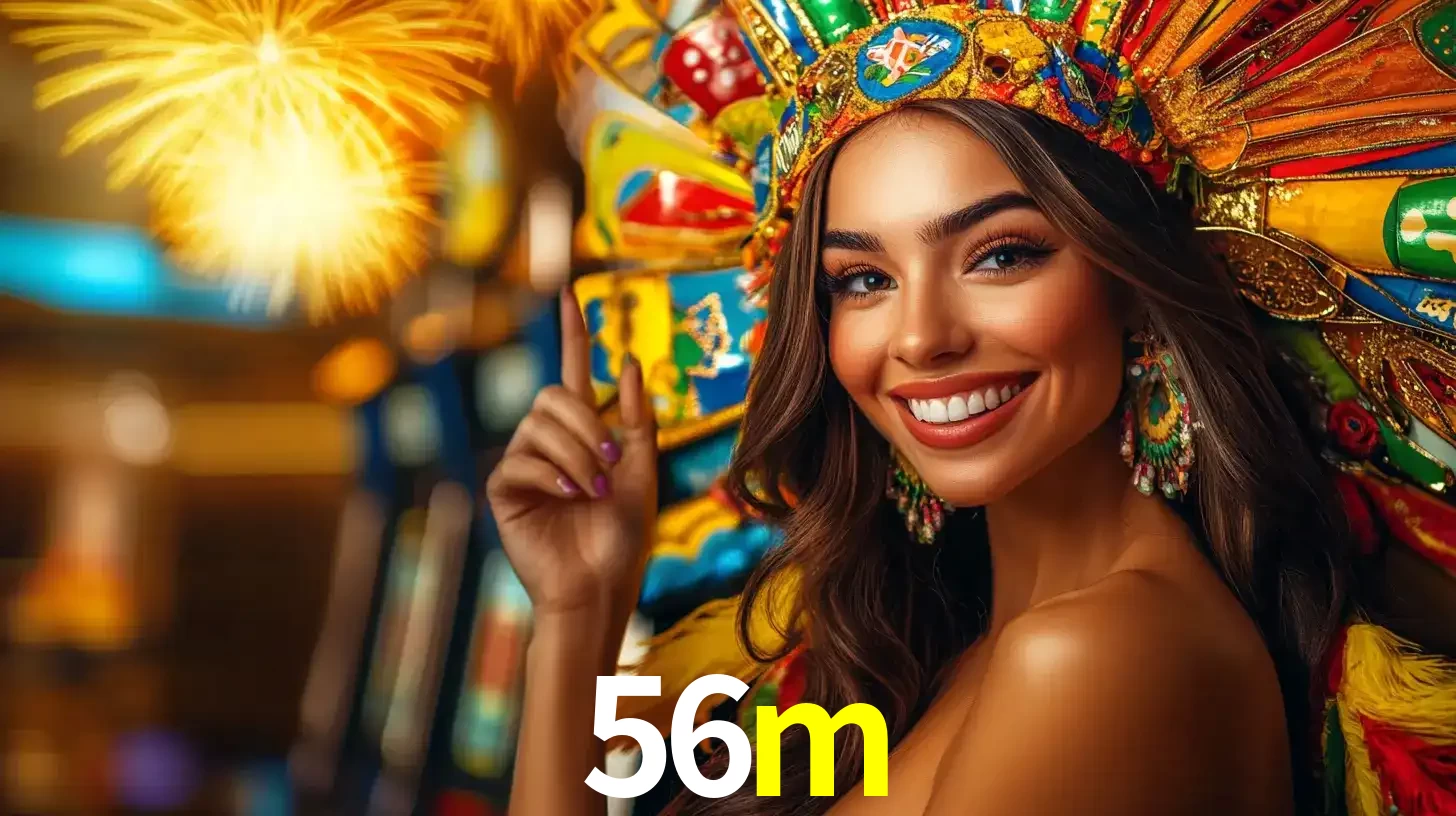 Mulher sorridente com um cocar de carnaval vibrante e colorido, celebrando uma grande vitória nos jogos do cassino 56m com fogos de artifício ao fundo.