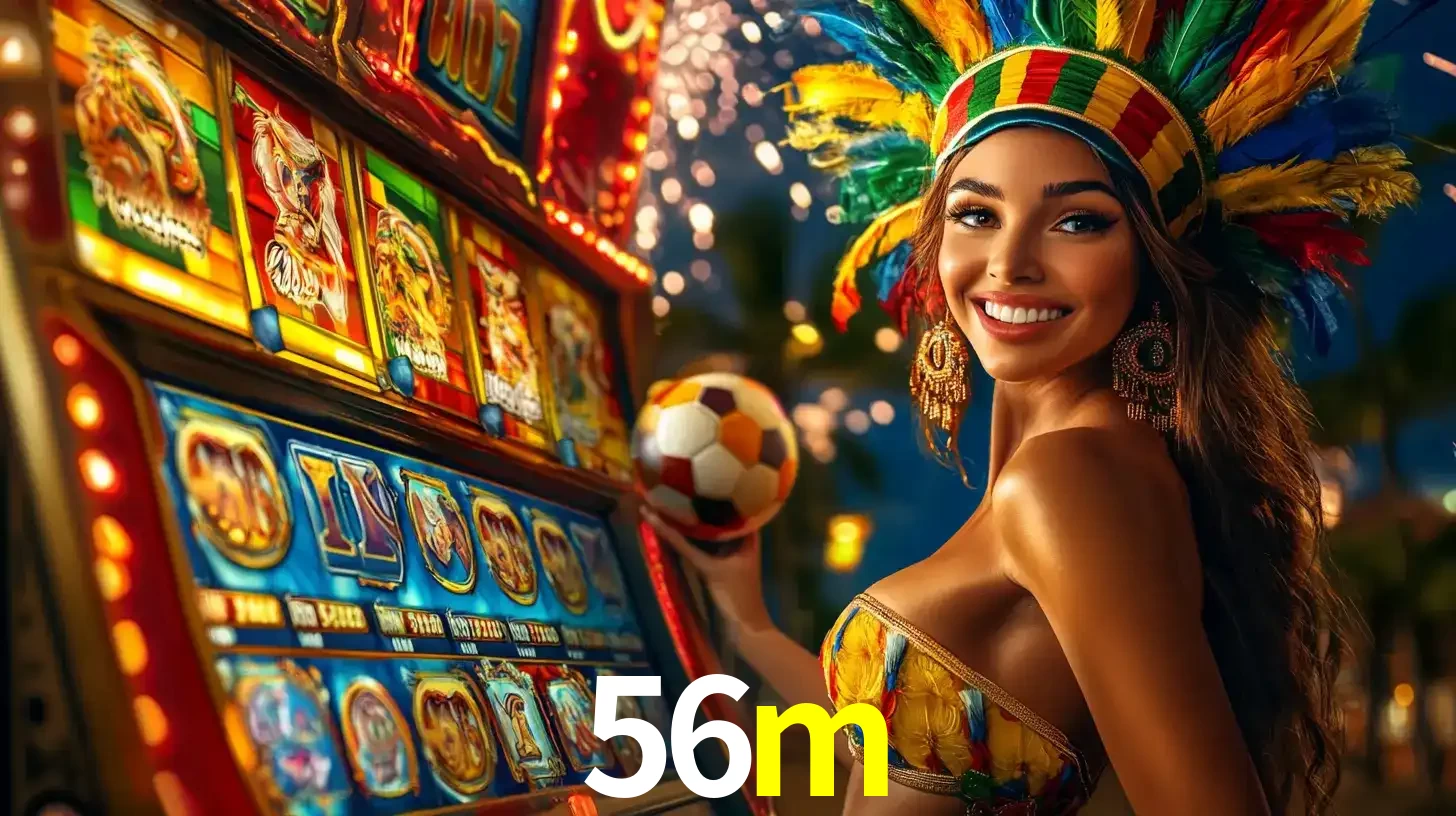 Mulher com um cocar de carnaval ao lado de uma máquina de caça-níqueis enquanto segura uma bola de futebol, mostrando a união da diversão de cassino e esportes no 56m.