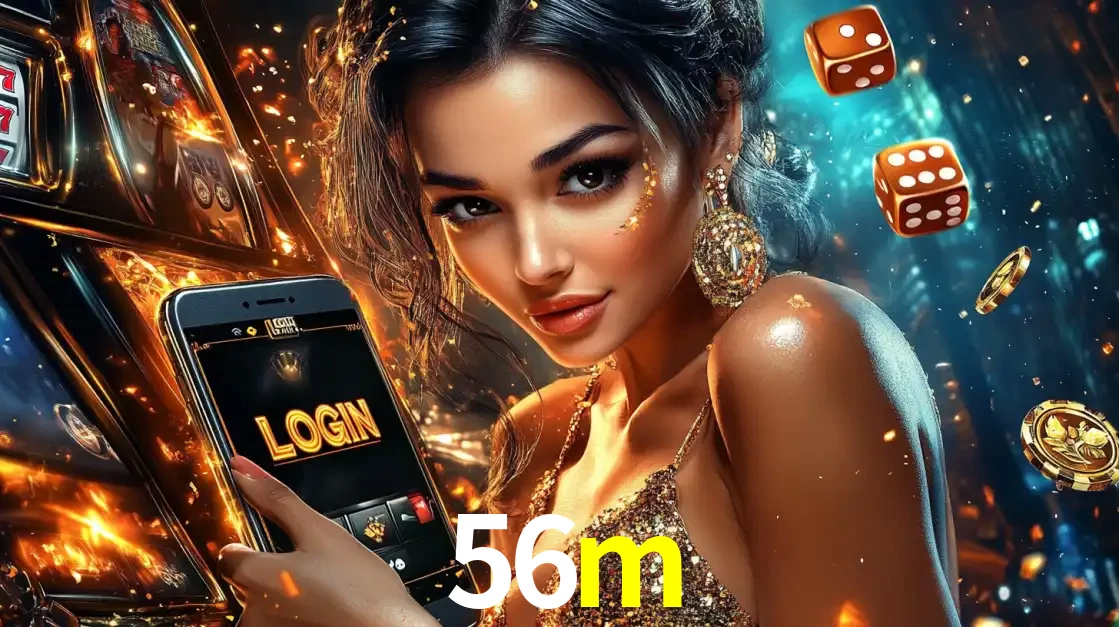 Mulher glamourosa segurando um celular com a tela de login do cassino 56m, rodeada por dados e moedas douradas, pronta para começar a diversão.
