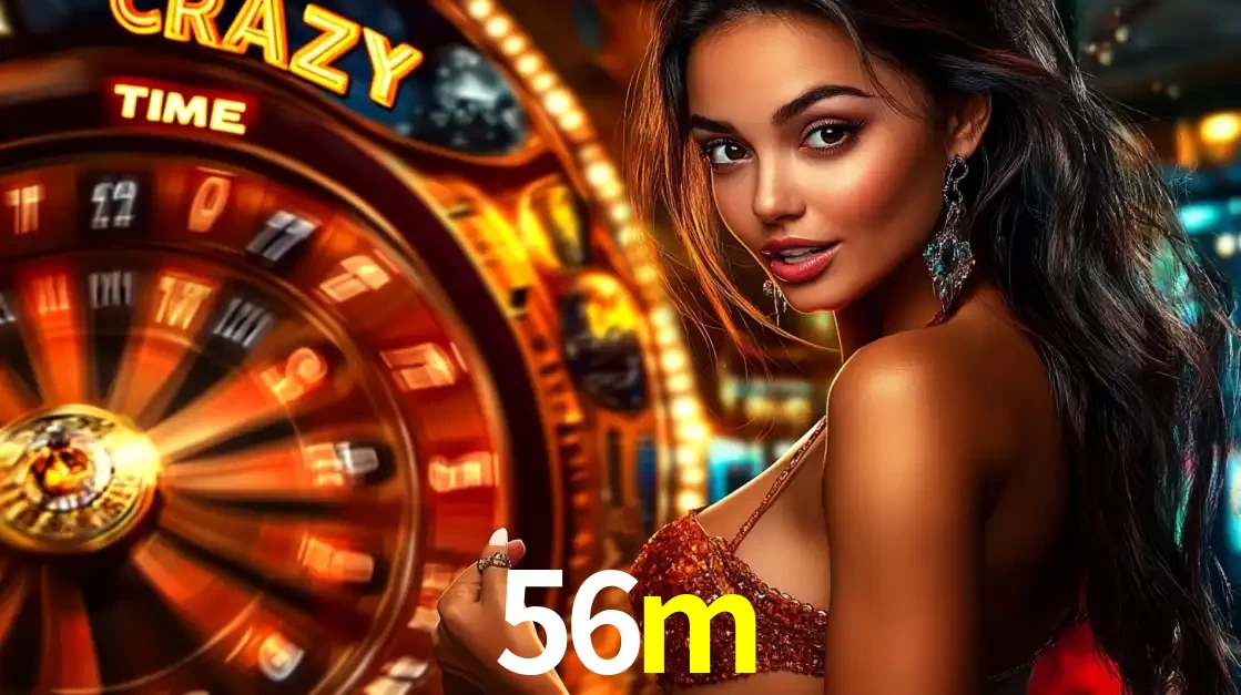 Mulher ao lado da roda de prêmios do jogo de cassino ao vivo Crazy Time, um dos shows de jogos mais emocionantes oferecidos pela plataforma de apostas 56m.
