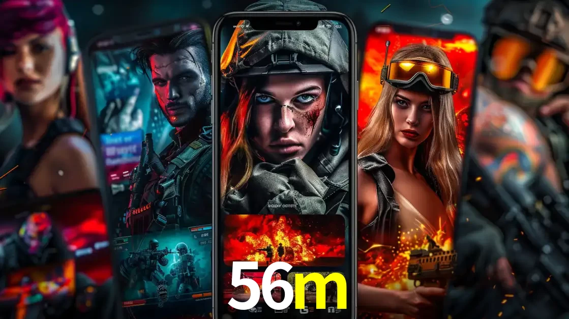 Montagem de telas de celular mostrando diversos personagens, masculinos e femininos, de um jogo de tiro, ilustrando a diversidade de equipes de e-sports para apostar no 56m.