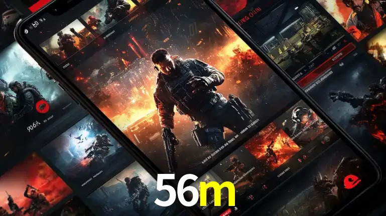 Tela de um celular exibindo uma galeria de jogos de tiro com temática militar, mostrando a variedade de e-sports disponíveis para apostas na plataforma de entretenimento 56m.