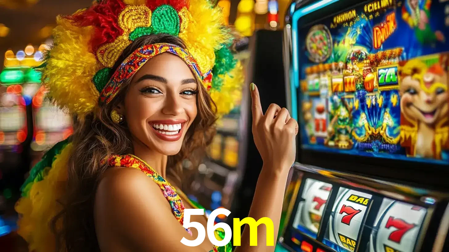 Mulher animada com um cocar de carnaval apontando para uma máquina de caça-níqueis, mostrando a emoção de ganhar um grande prêmio nos jogos do 56m.