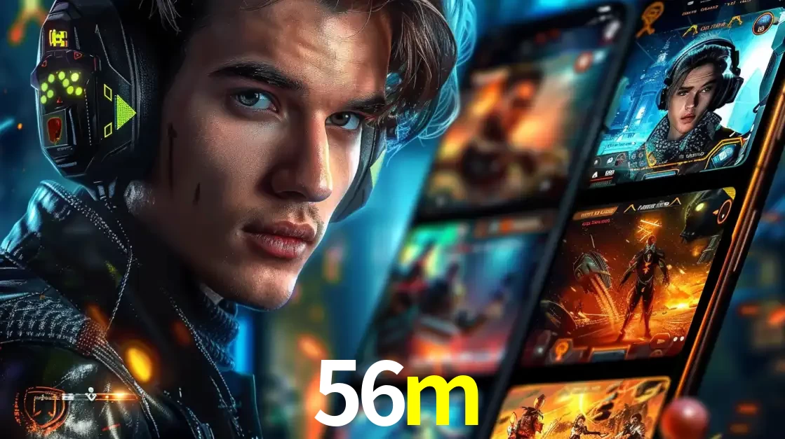 Jovem jogador com fones de ouvido olhando para a câmera, com um aplicativo de jogos e e-sports para celular ao fundo, pronto para a competição e apostas no 56m.