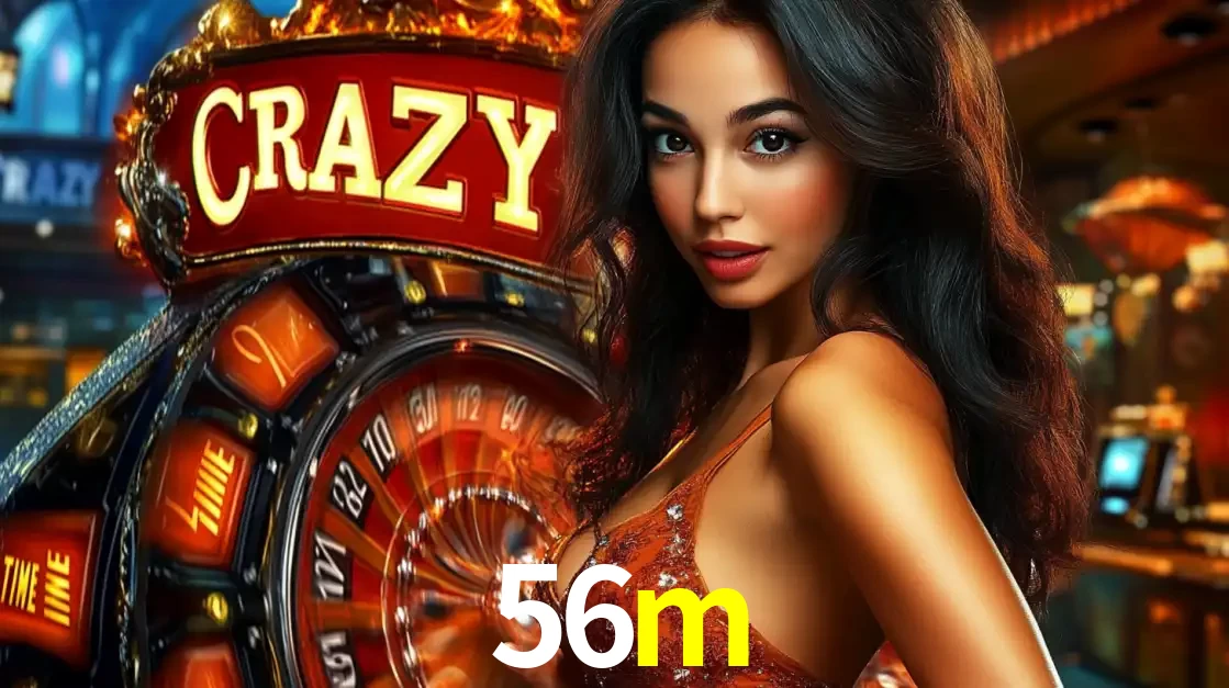 Mulher glamourosa olhando para a câmera com a roda vermelha do Crazy Time ao fundo em um ambiente de cassino, destacando a emoção dos jogos ao vivo no 56m.
