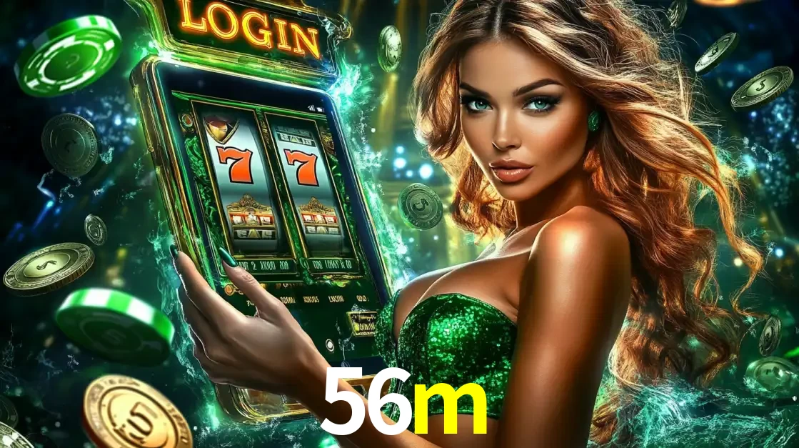 Mulher com tema verde apresentando o aplicativo do cassino 56m com um jogo de slot de 777, cercada por fichas de cassino e uma aura de sorte.