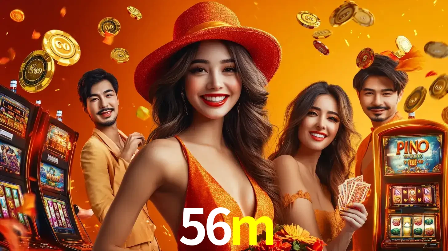 Grupo de amigos asiáticos sorrindo e se divertindo com máquinas de caça-níqueis em um ambiente festivo, celebrando suas vitórias nos jogos de cassino do 56m.