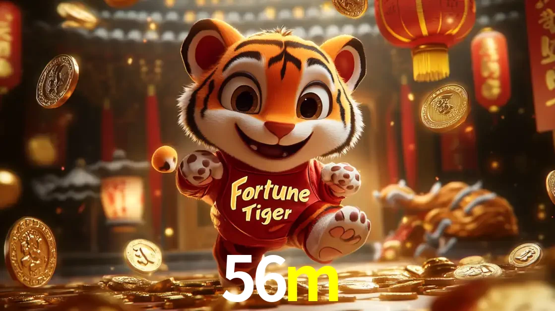 O alegre personagem do Fortune Tiger correndo sobre um caminho de moedas de ouro, simbolizando os grandes prêmios e a diversão do popular jogo de slot do 56m.