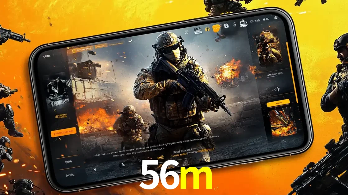 Um smartphone exibindo a interface de um jogo de tiro em primeira pessoa, com um soldado em um cenário de batalha, representando a ação dos e-sports para apostar no 56m.