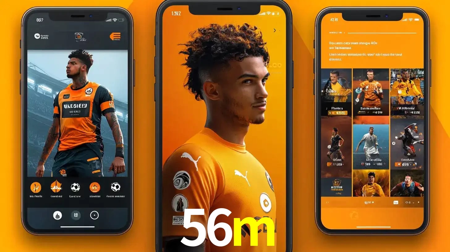 Interface do aplicativo de apostas esportivas 56m em três telas de celular, mostrando o perfil de um jogador de futebol e a lista de jogos disponíveis para apostar.
