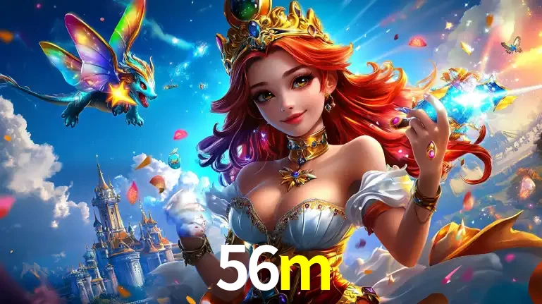 A princesa de um reino de fantasia mágico, com seu pequeno dragão, apresentando um mundo de prêmios encantados nos jogos de caça-níqueis do cassino 56m.