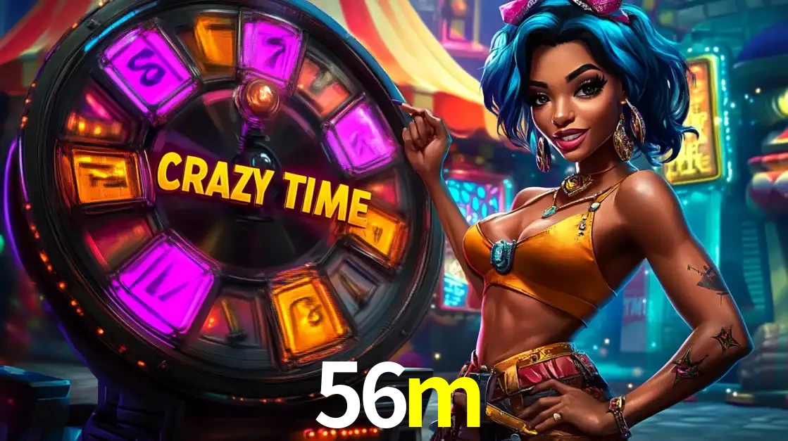 Mulher estilizada com cabelo azul e visual vibrante posando ao lado da roda de prêmios do game show Crazy Time, convidando para a diversão e os bônus do cassino 56m.