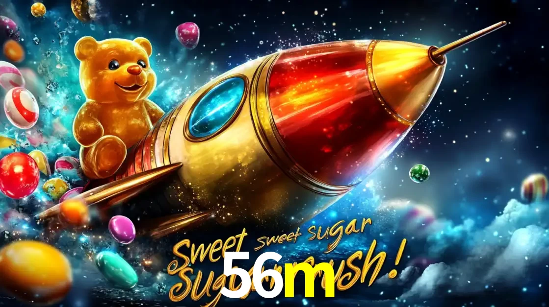 Arte promocional do jogo de slot Sugar Rush, com um urso de pelúcia em um foguete viajando pelo espaço de doces, um dos jogos divertidos disponíveis no cassino 56m.