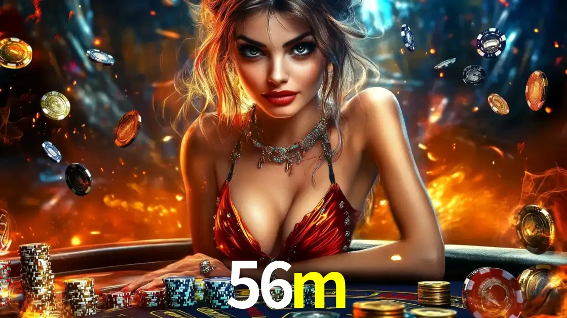 Mulher em uma mesa de cassino com pilhas de fichas e um fundo de fogo, pronta para uma rodada de altas apostas nos jogos de mesa emocionantes do cassino 56m.