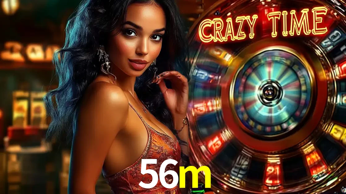 Mulher elegante ao lado da vibrante roda da fortuna do jogo de cassino ao vivo Crazy Time, um dos game shows mais populares e cheios de prêmios do 56m.