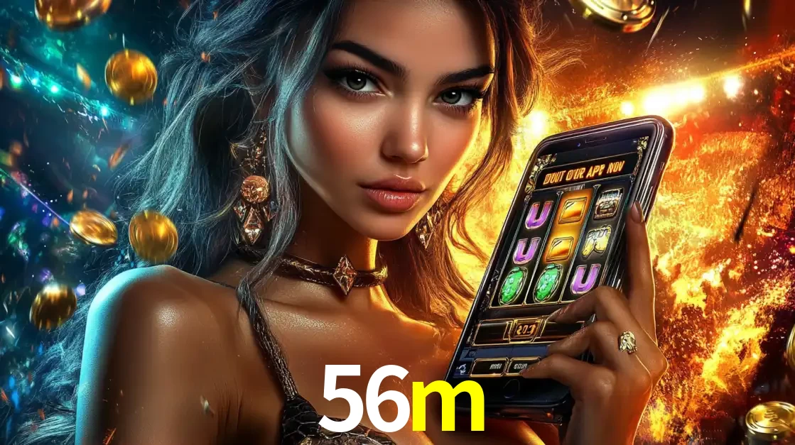 Mulher elegante mostrando um jogo de caça-níqueis em seu smartphone, destacando a experiência de cassino móvel oferecida pelo aplicativo 56m.