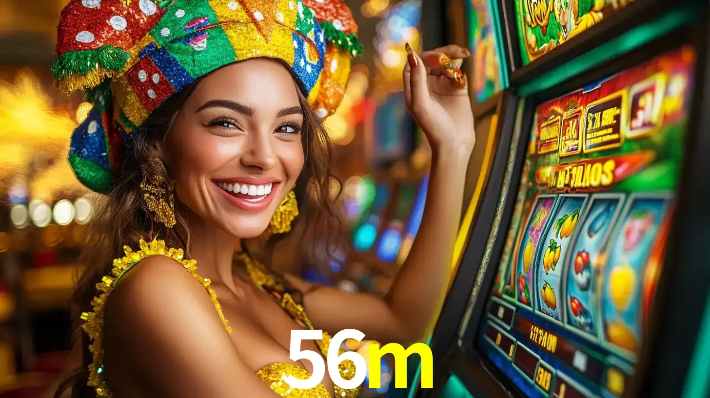 Mulher feliz com traje de carnaval amarelo e colorido ao lado de uma máquina de caça-níqueis, aproveitando a diversão e os jogos temáticos do cassino 56m.