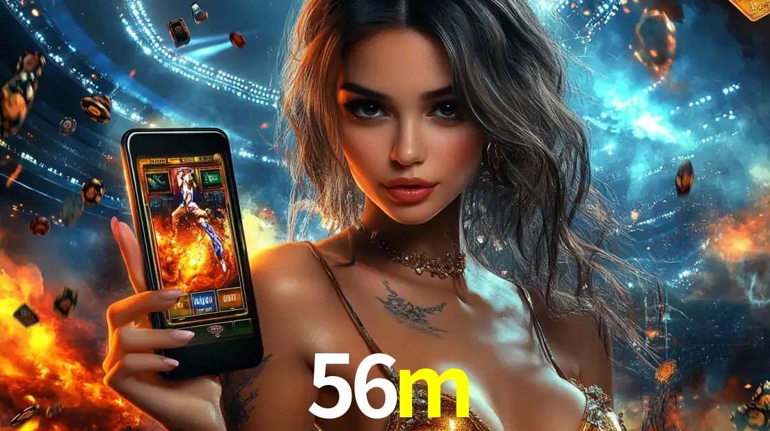 Mulher segurando um celular com um jogo de slot em destaque, tendo como fundo um estádio vibrante, simbolizando a emoção de jogar no cassino móvel 56m.