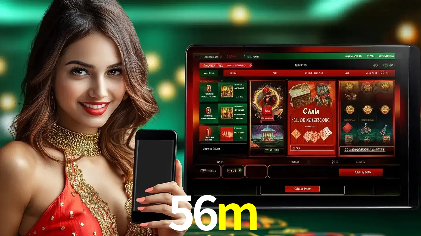 Mulher sorridente segurando um smartphone, ao lado de uma tela exibindo o lobby de jogos do cassino online 56m, com várias opções de jogos de cartas e slots.